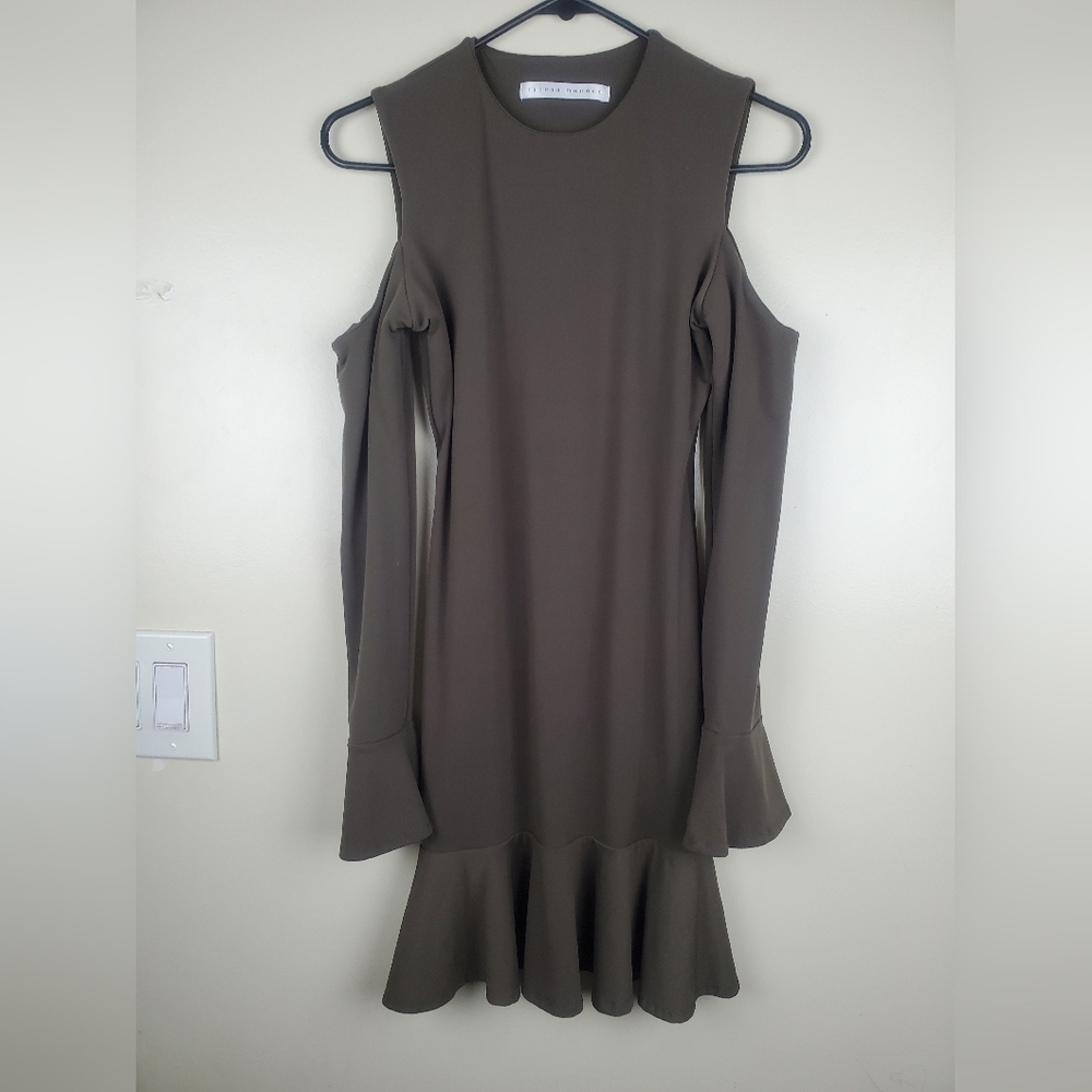 Susana Monaco Ruffle Shift Dress Cold Shoulder Long Sleeve Green Size XS